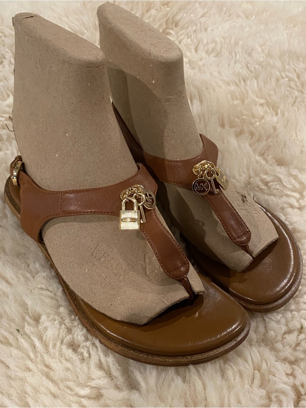 Michael Kors Cognac Leather T-Strap Sandals with Gold MK Charms - Picture 3 of 9